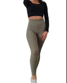 Yüksek Bel Toparlayıcı ve Sıkılaştırıcı Likralı Fitilli Şardonlu Tayt (Haki) thumbnail 1