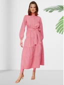 Dökümlü Sıfır Yaka Pembe Kloş Elbise thumbnail 2