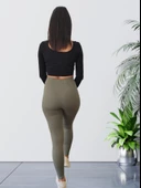 Yüksek Bel Toparlayıcı ve Sıkılaştırıcı Likralı Fitilli Şardonlu Tayt (Haki) thumbnail 5