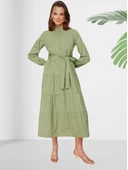 Dökümlü Sıfır Yaka Yeşil Kloş Elbise thumbnail 2