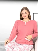 Büyük Beden Desenli Pamuk Kadın Pijama Takımı (Pudra) thumbnail 4