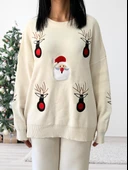 Kadın Uzun Kol Yeni Yıl Nakışlı Bisiklet Yaka Triko Kazak Pantolon Takım (Beyaz) thumbnail 3