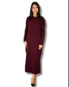 Bsiklet Yaka Saç Örgülü Triko Midi Elbise (Bordo) - 1