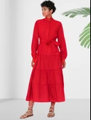 Dökümlü Sıfır Yaka Kırmızı Kloş Elbise thumbnail 2