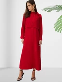 Dökümlü Şal Yaka Uzun Kırmızı Elbise thumbnail 2
