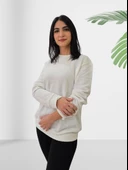 Düz Sıfır Yaka Triko Görünüm Sweatshirt (Beyaz) thumbnail 2