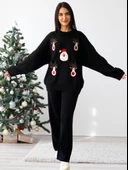 Kadın Uzun Kol Yeni Yıl Nakışlı Bisiklet Yaka Triko Kazak Pantolon Takım (Siyah) thumbnail 2