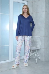 Limissi Viskon Desenli Lacivert Pijama Takımı %100 Pamuk thumbnail 2