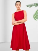Kayık Yaka Diz Altı Düz Kırmızı Elbise thumbnail 4