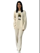 Kadın Uzun Kol Teddy Bear Bisiklet Yaka Triko Kazak Pantolon Takım (Krem) thumbnail 1