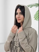 Baskılı Kapüşonlu Swaetshirt (Çizgili Taba) thumbnail 4