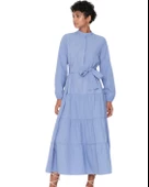 Dökümlü Sıfır Yaka Mavi Kloş Elbise thumbnail 1