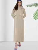 Dökümlü Şal Yaka Uzun Krem Elbise thumbnail 3