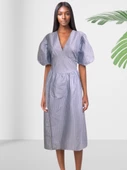 Çizgili V Yaka Balon Kol Fermuarlı Kloş Elbise thumbnail 2