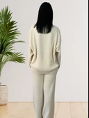 Kadın Uzun Kol Teddy Bear Bisiklet Yaka Triko Kazak Pantolon Takım (Krem) thumbnail 5