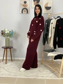 Kadın Uzun Kol Kalpli Bisiklet Yaka Triko Kazak Pantolon Takım (Bordo) - 4