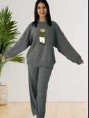Kadın Uzun Kol Teddy Bear Bisiklet Yaka Triko Kazak Pantolon Takım (Gri) thumbnail 3