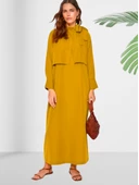 Dökümlü Şal Yaka Uzun Hardal Elbise thumbnail 2