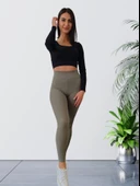 Yüksek Bel Toparlayıcı ve Sıkılaştırıcı Likralı Fitilli Şardonlu Tayt (Haki) thumbnail 2