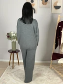 Kadın Uzun Kol Kalpli Bisiklet Yaka Triko Kazak Pantolon Takım (Gri) thumbnail 7