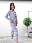Flamingo Desenli Kadın Polar Peluş Pijama Takımı (Yeşil) thumbnail 3