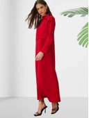 Dökümlü Şal Yaka Uzun Kırmızı Elbise thumbnail 3