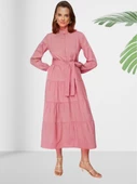 Dökümlü Sıfır Yaka Pembe Kloş Elbise thumbnail 4