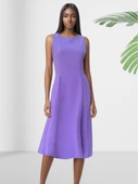 Kayık Yaka Diz Altı Düz Lila Elbise thumbnail 2