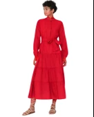 Dökümlü Sıfır Yaka Kırmızı Kloş Elbise thumbnail 1