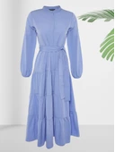 Dökümlü Sıfır Yaka Mavi Kloş Elbise thumbnail 3