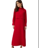 Dökümlü Şal Yaka Uzun Kırmızı Elbise thumbnail 1