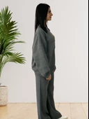 Kadın Uzun Kol Teddy Bear Bisiklet Yaka Triko Kazak Pantolon Takım (Gri) thumbnail 4