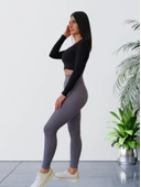 Yüksek Bel Toparlayıcı ve Sıkılaştırıcı Likralı Fitilli Şardonlu Tayt (Antrasit) thumbnail 4