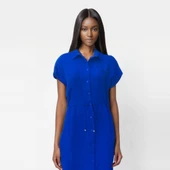 Düğmeli Yakalı Yırtmaçlı Lacivert Elbise thumbnail 3