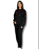 Kadın Uzun Kol Kalpli Bisiklet Yaka Triko Kazak Pantolon Takım (Siyah) thumbnail 1