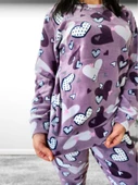 Kalp Desenli Kadın Polar Peluş Pijama Takımı (Mor) - 7
