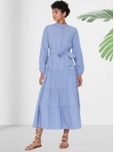 Dökümlü Sıfır Yaka Mavi Kloş Elbise thumbnail 2