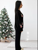 Kadın Uzun Kol Yeni Yıl Nakışlı Bisiklet Yaka Triko Kazak Pantolon Takım (Siyah) thumbnail 5