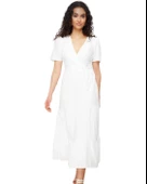 V Yaka Kloş Düz Beyaz Elbise thumbnail 1