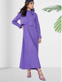 Dökümlü Şal Yaka Uzun Lila Elbise thumbnail 4
