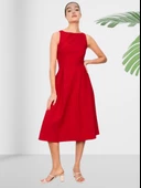 Kayık Yaka Diz Altı Düz Kırmızı Elbise thumbnail 2