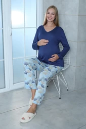 Limissi Viskon Desenli Mavi Pijama Takımı %100 Pamuk - 8