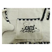 Kedi Lover Nakışlı, Fırfırlı, Buldan Keten Fırın Önlüğü (ÖRTÜSÜ) Ve Eldiveni - 2