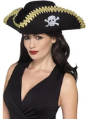 Yetişkin Siyah Denizci Korsan Şapkası Kenarları Altın İşlemeli thumbnail 2