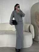 V Yaka Hırka Takım Triko İkili Etekli - Gri - 4