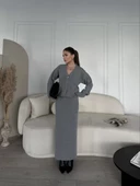 V Yaka Hırka Takım Triko İkili Etekli - Gri - 2