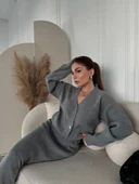 V Yaka Hırka Takım Triko İkili Etekli - Gri - 7