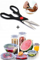 Mutfak Makası Çok Amaçlı Kapak Açıcı Ceviz Kırıcı Et Makası + Silikon Streç Kapak Bonesi Seti - 1