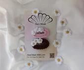 Kız Çocuk Çiçek Desenli Kahverengi Pembe 2'li Toka Seti Hand Made Örgü Toka - 1