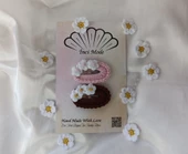 Kız Çocuk Çiçek Desenli Kahverengi Pembe 2'li Toka Seti Hand Made Örgü Toka - 2